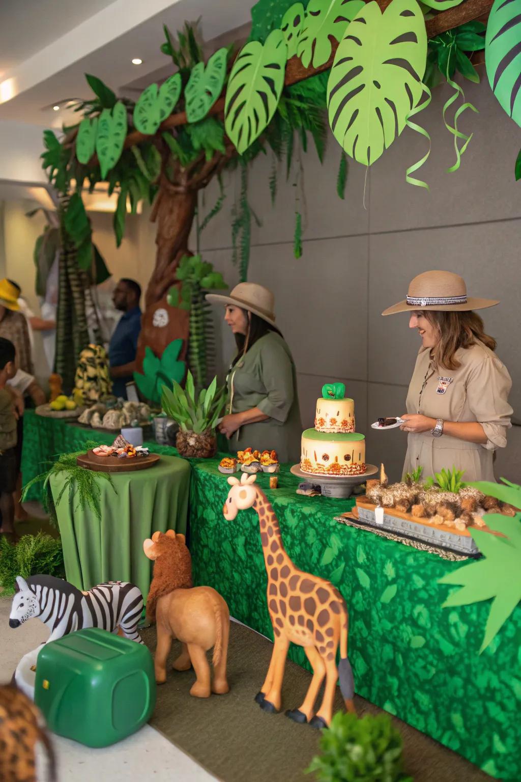 A safari-themed party featuring bright animal decorations.