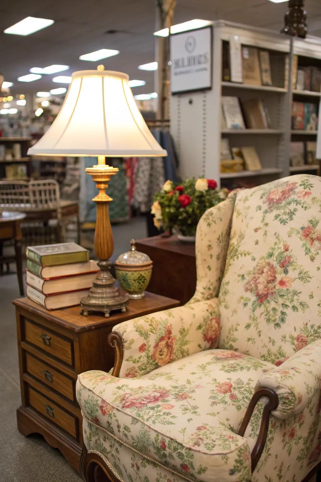 An inviting reading space fashioned from secondhand market finds.