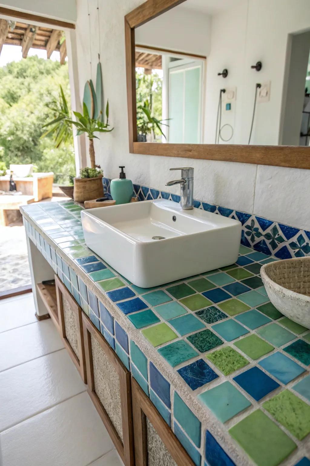 A lively splash of color with radiant blue and green tiles.