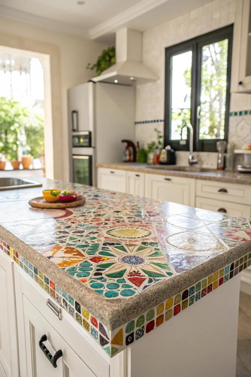 Mosaic patterns introduce an artistic flair to this radiant kitchen.