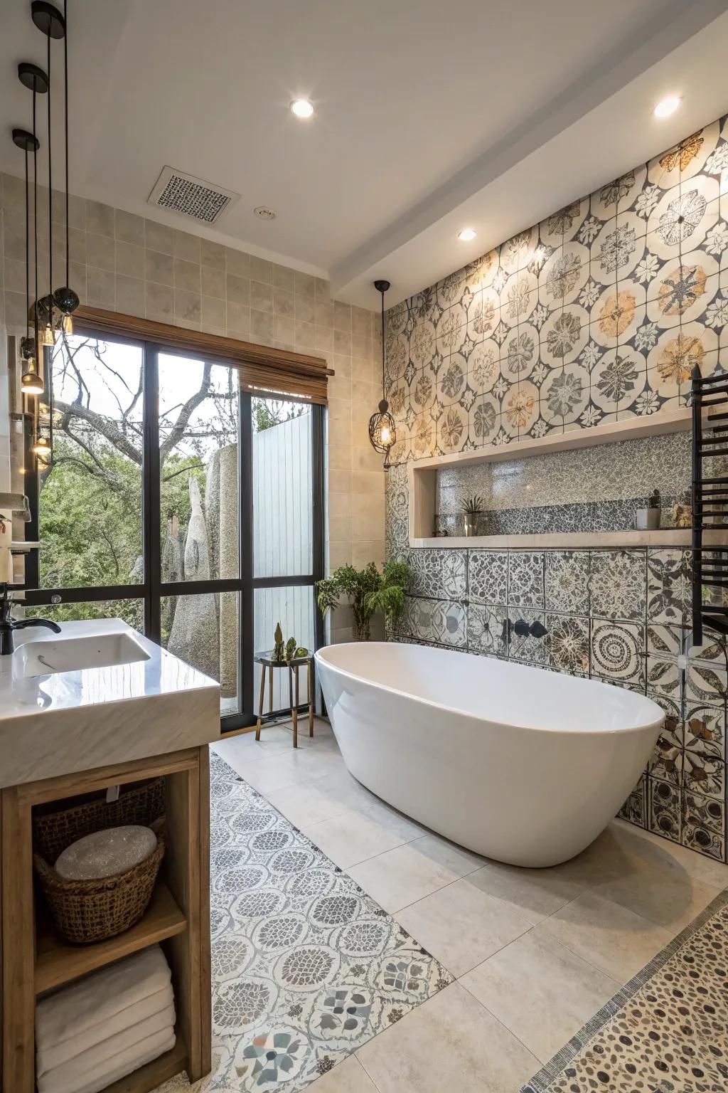 Design a spa-like getaway with a freestanding tub and sophisticated tiles.