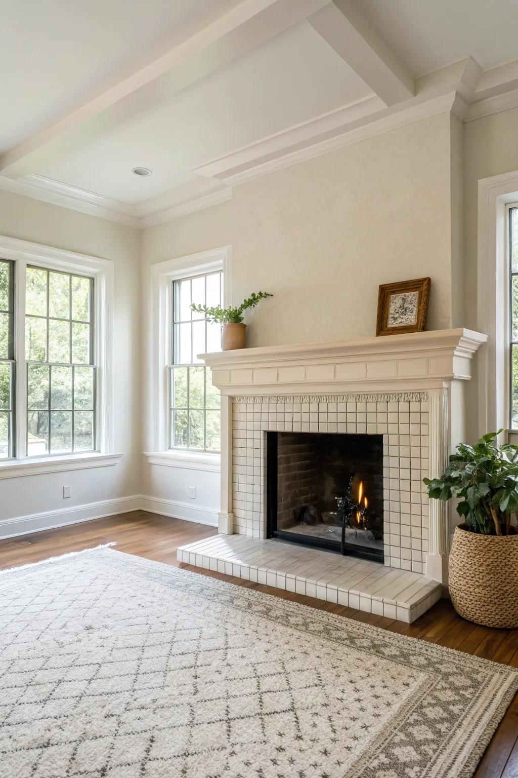 A minimalist fireplace with clean lines and neutral tones provides a peaceful ambiance.
