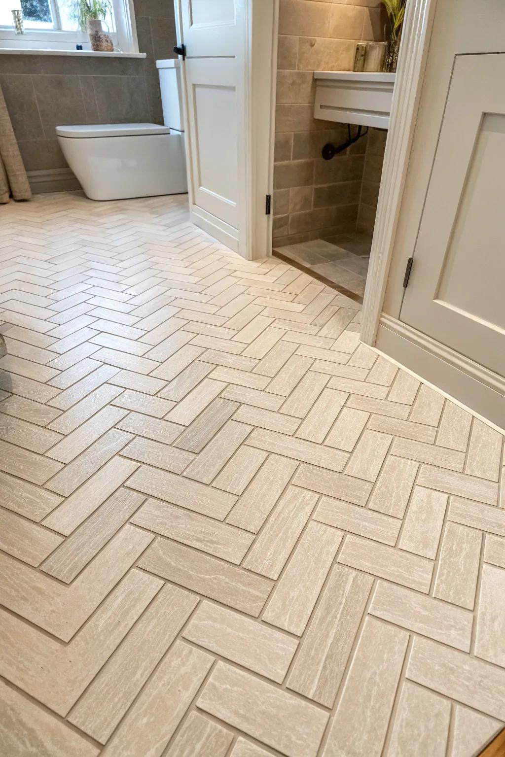 A traditional herringbone arrangement introduces timeless class to this restroom floor.