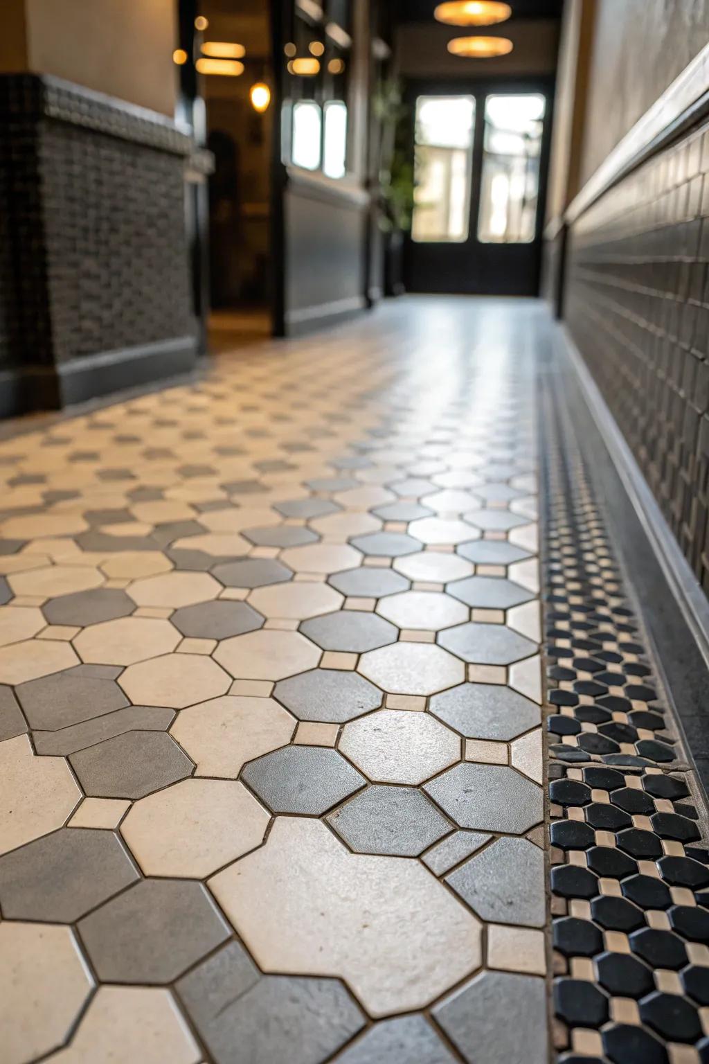 Hexagonal tiles create a mesmerizing transition in this contemporary setting.