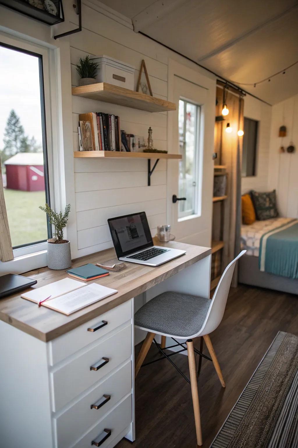 A space-saving desk integrates seamlessly into a comfortable corner.