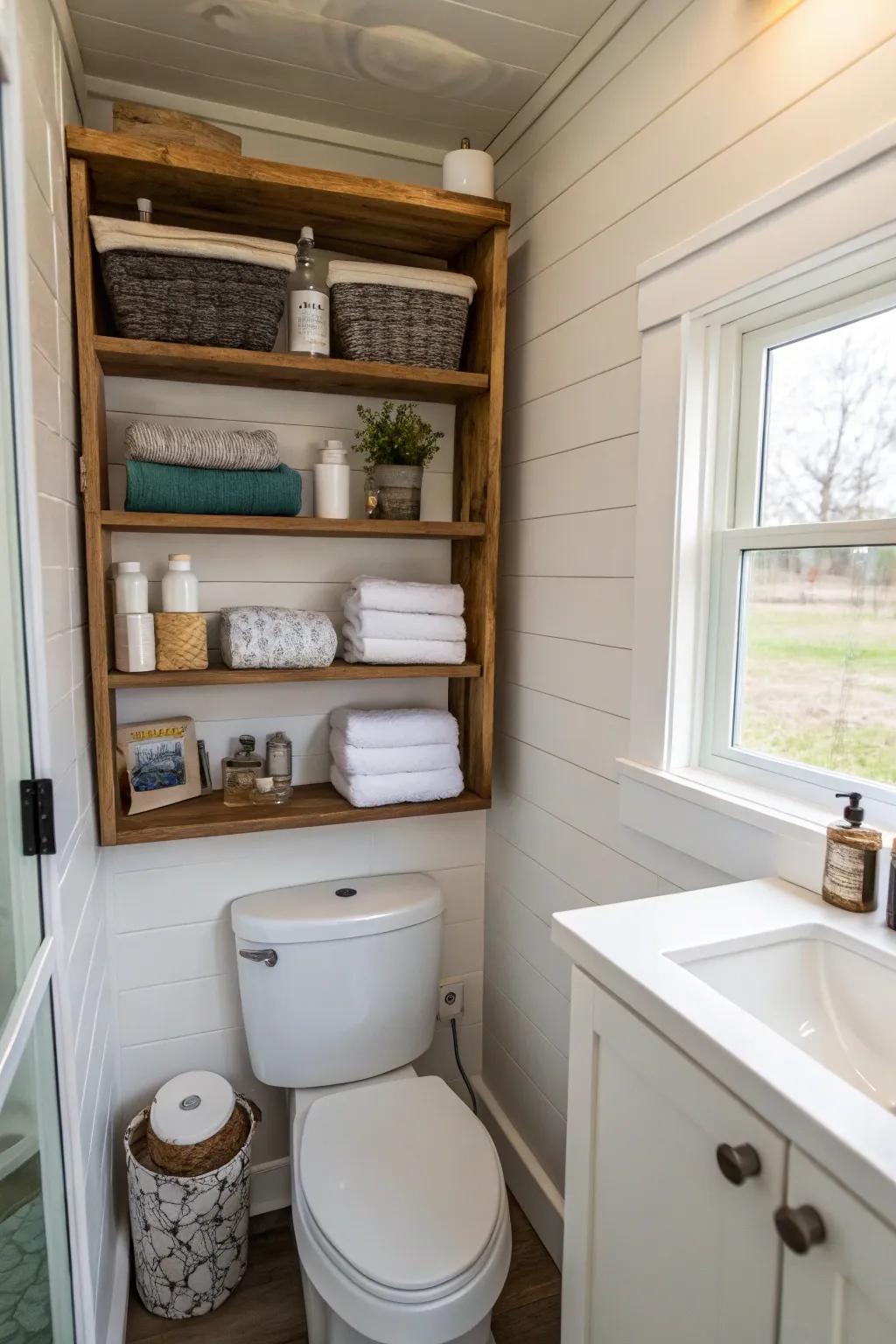 Vertical storage maximizes every available inch in this small bathroom.