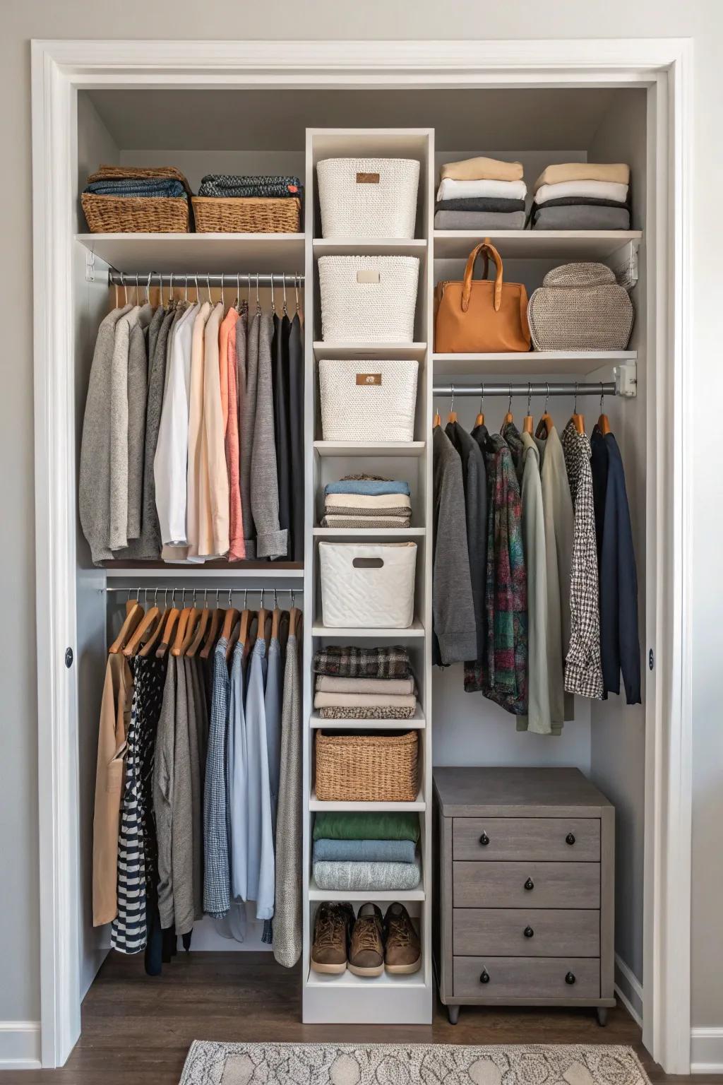 Vertical storage converts the closet into a spacious storage solution.