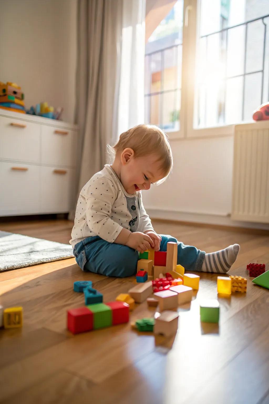 A toddler completely absorbed in stacking colorful blocks, promoting creativity and joy.