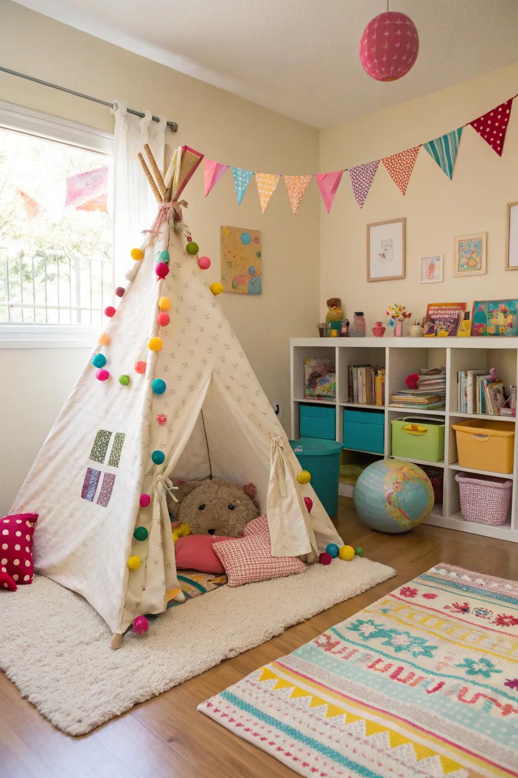 A vibrant play tent offers a snug retreat for imaginative escapades.