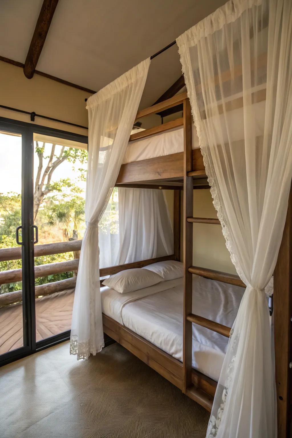 See-through drapes deliver refinement and solitude to the top bunk.