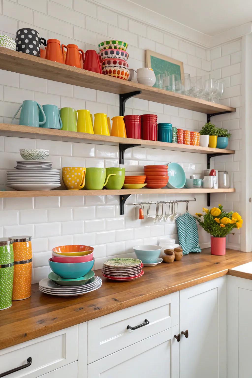 Open shelving lends a bespoke touch and renders kitchen essentials readily accessible.
