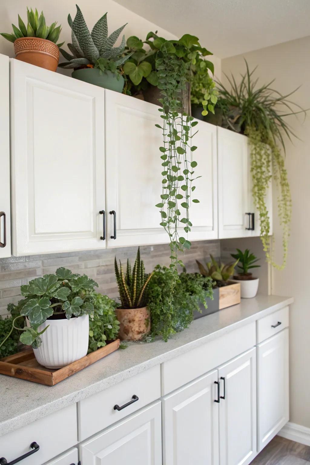 Brighten your kitchen with vibrant plants atop the cabinets.