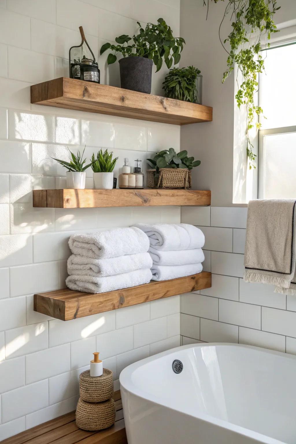 Floating shelves provide both storage and a touch of elegance.