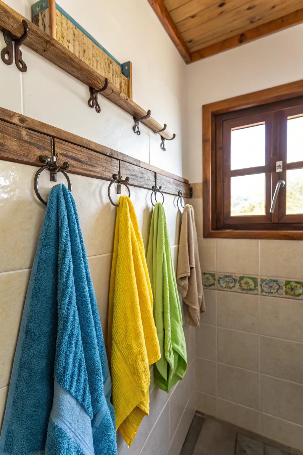Wall-mounted hooks provide a fashionable and functional storage solution for towels.