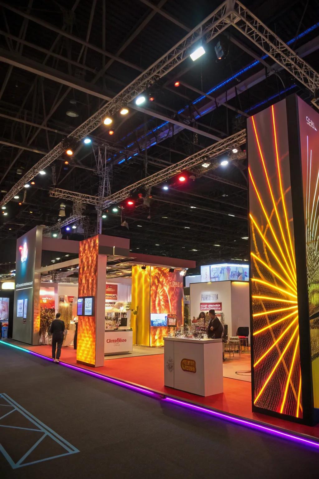 Dynamic light displays create an energetic and captivating atmosphere for any trade event.