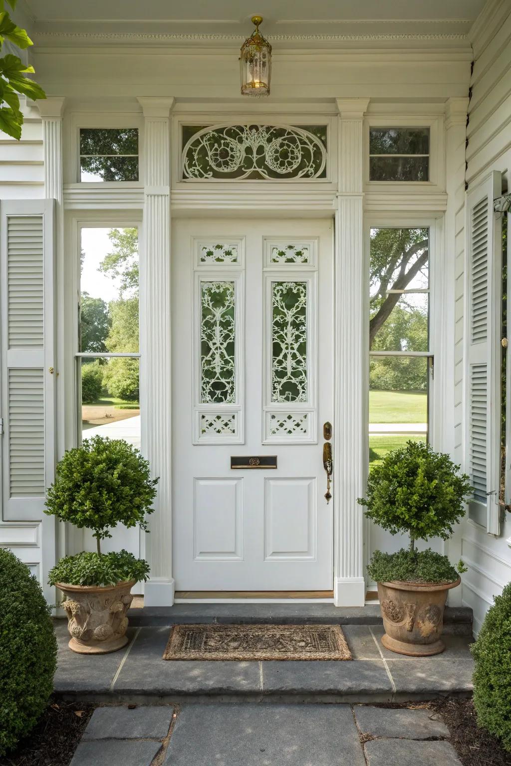 Perfect symmetry showcasing a beautifully balanced traditional front door layout.