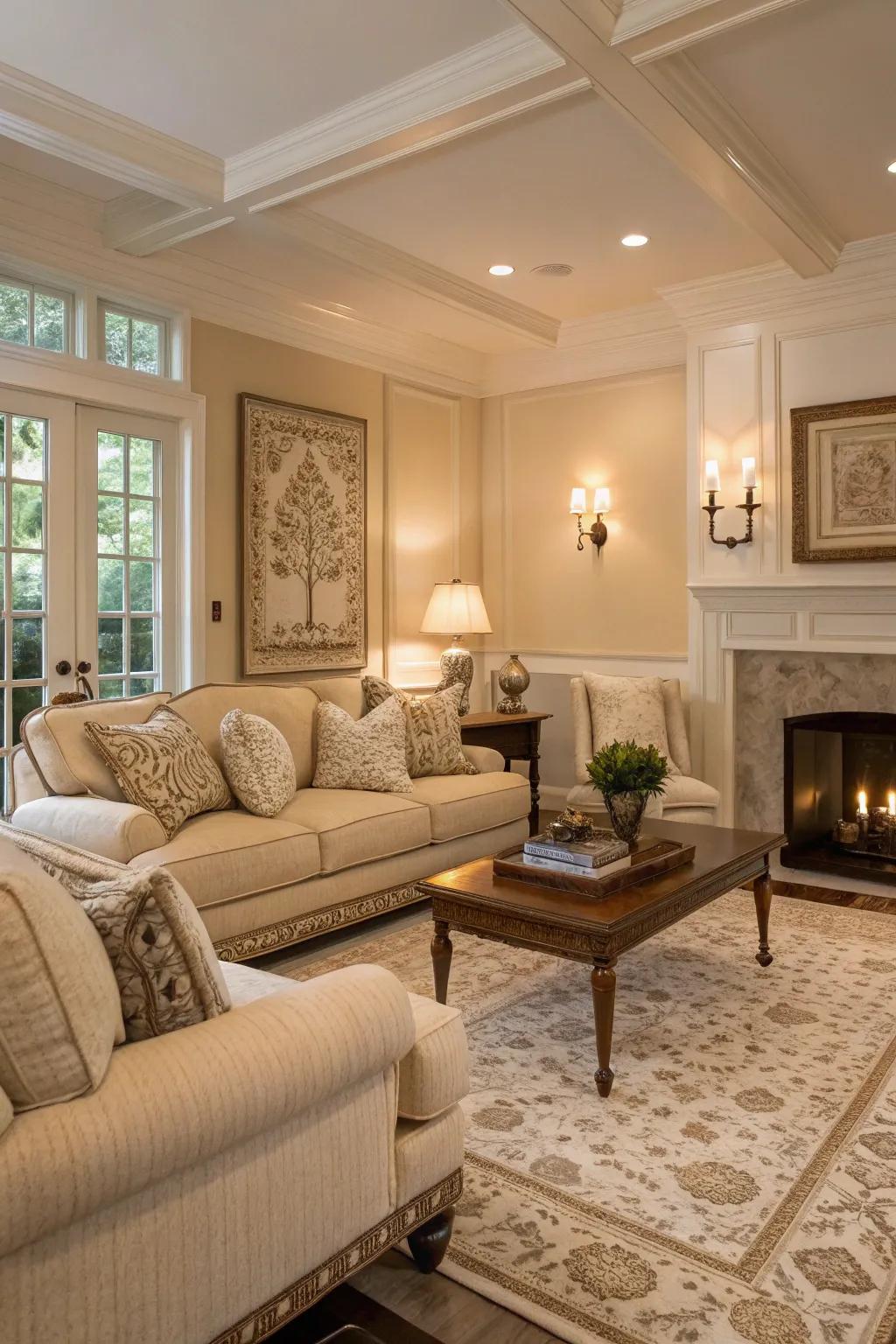 A tranquil classic living room featuring a neutral color scheme.