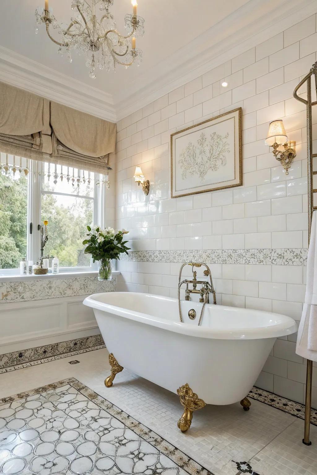 A sophisticated white bathroom showcasing a standalone claw-foot tub as its primary attraction.