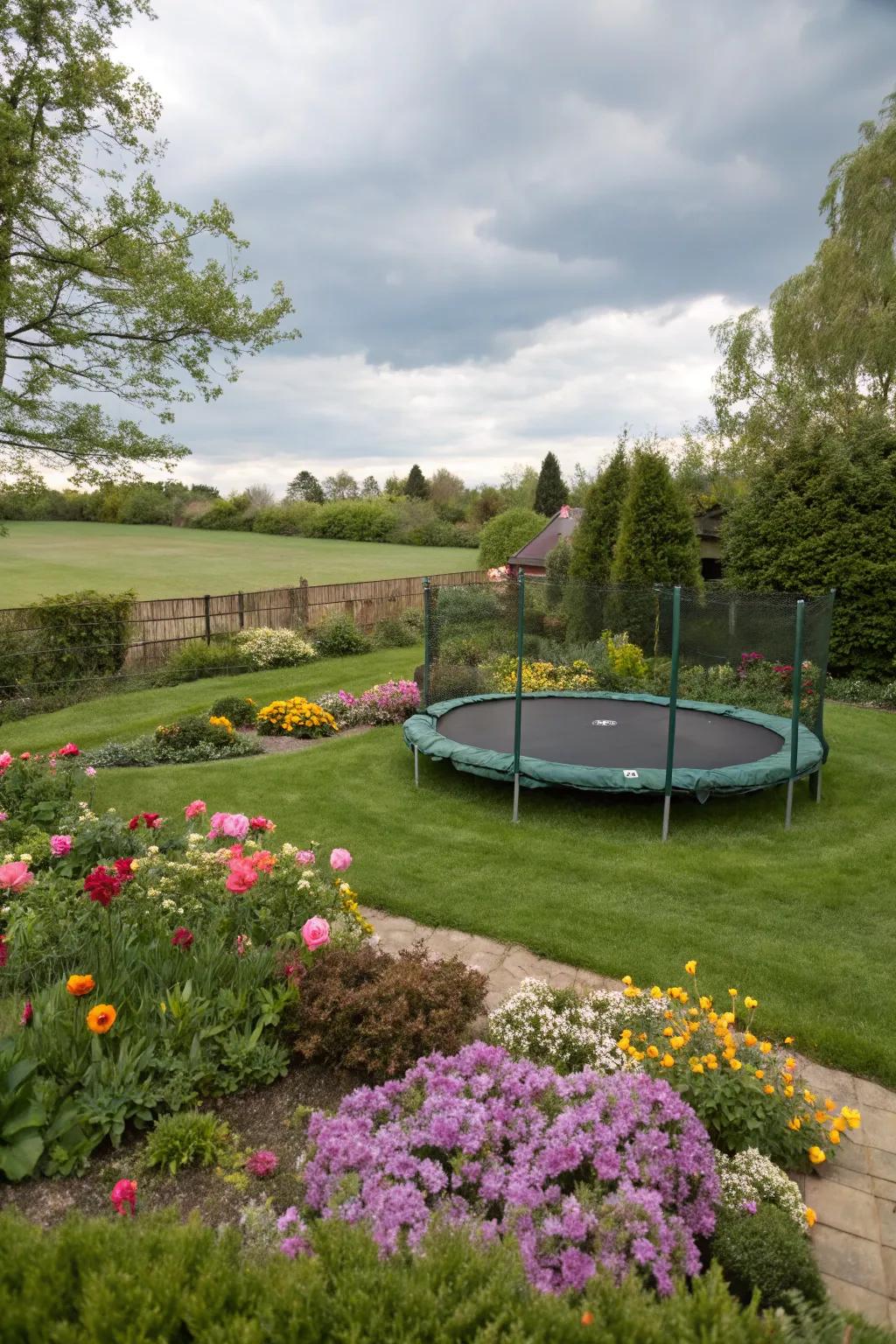 An in-ground trampoline seamlessly integrated into the garden's landscape.