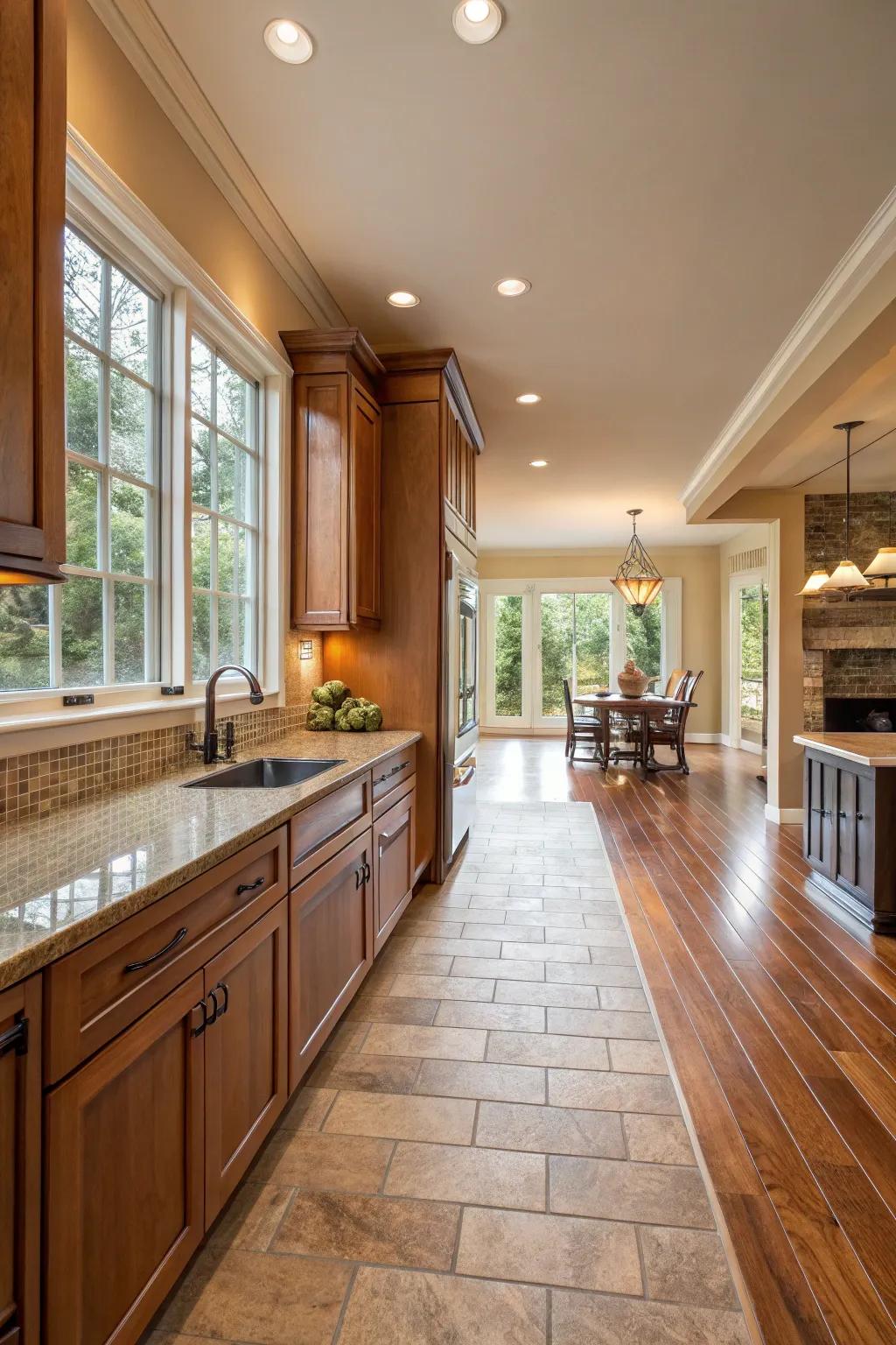 Realize a fluid transition where wood harmonizes with tile.