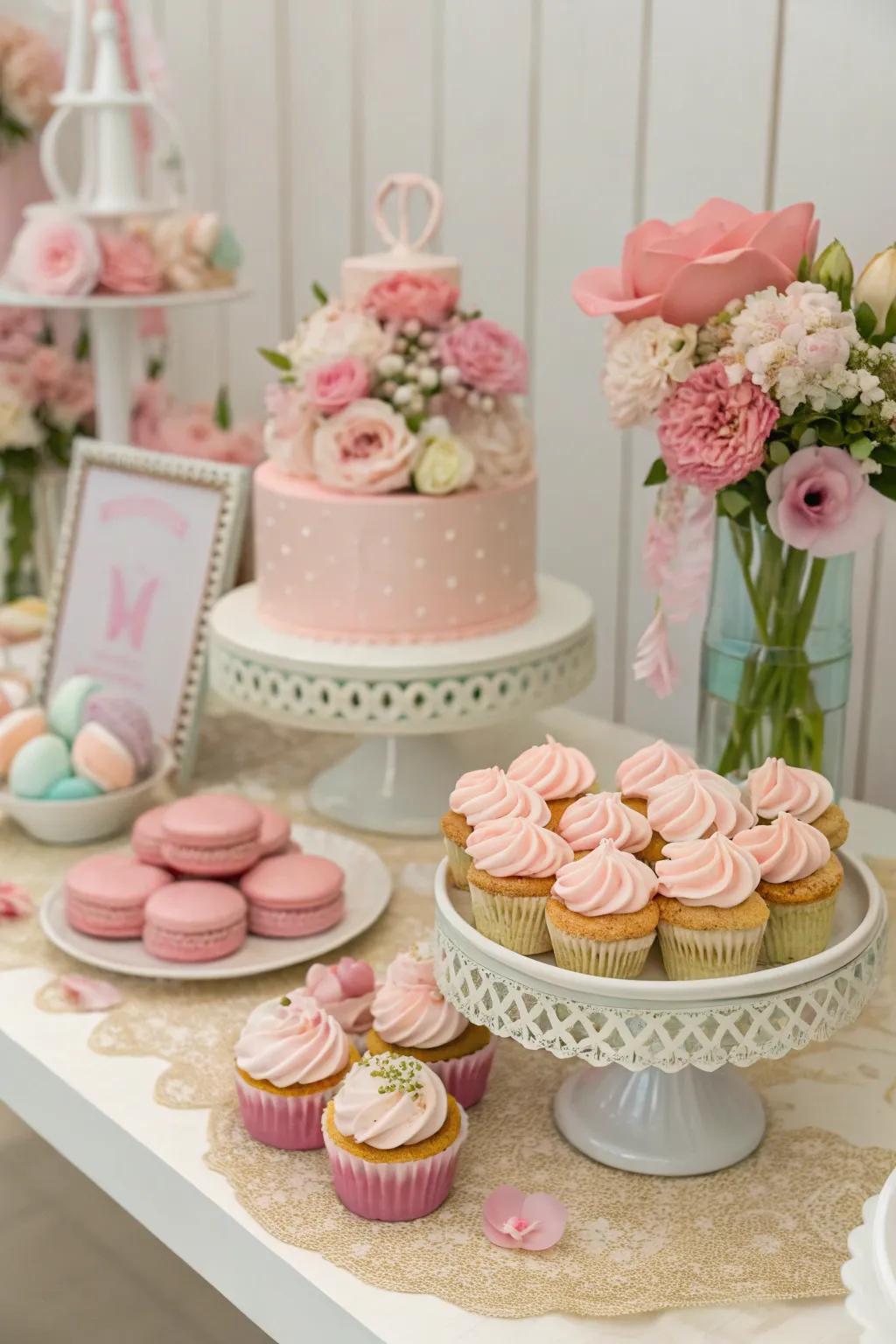 A pastel-inspired treat table featuring coordinated sweets and decorations.