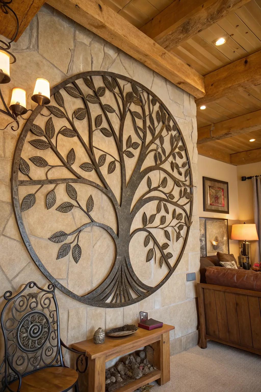 An intricate metallic Arbor Vitae adornment enriches a serene living space.