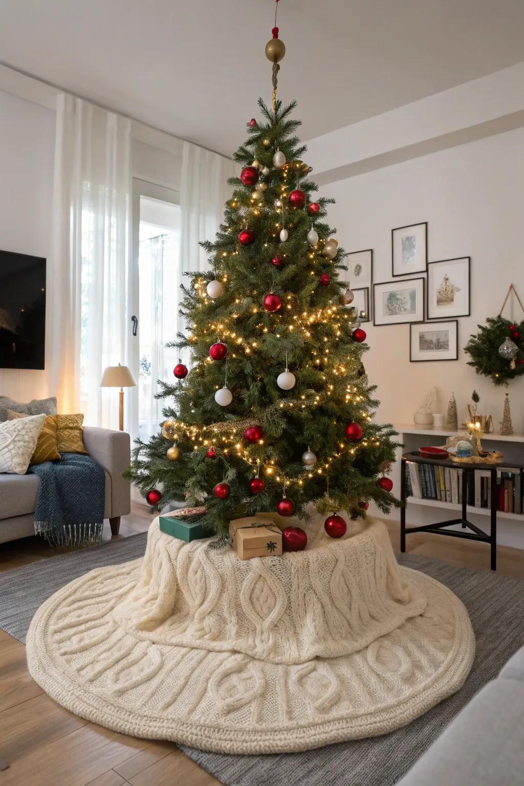 A knitted tree skirt introduces a warm, handmade element to your decorations.