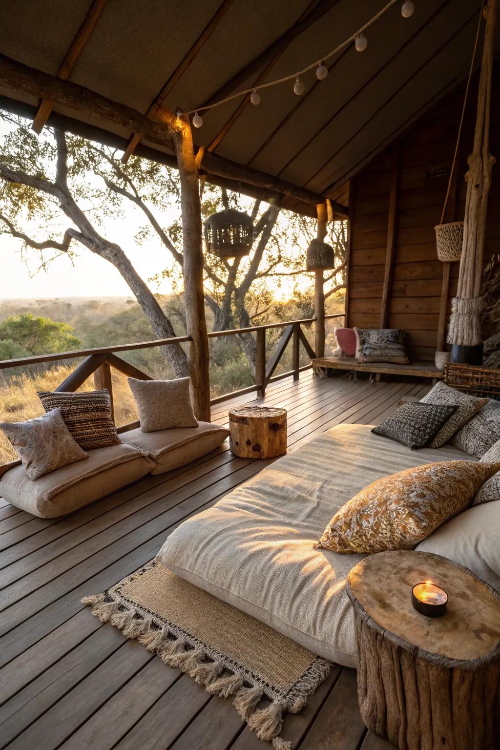 A cozy seating area inside a treehouse, featuring plush cushions and vibrant pillows for ultimate comfort.