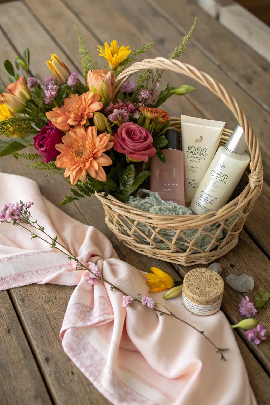 A thoughtful Mother's Day basket with floral and skincare treats.