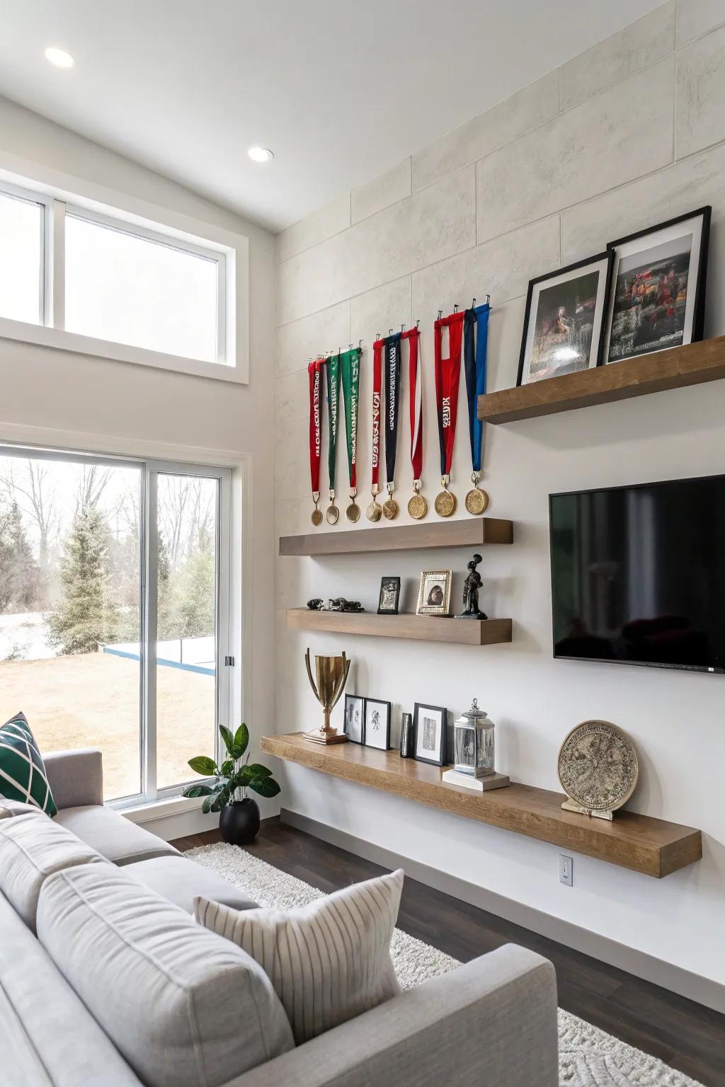 Trophies displayed on contemporary floating shelves