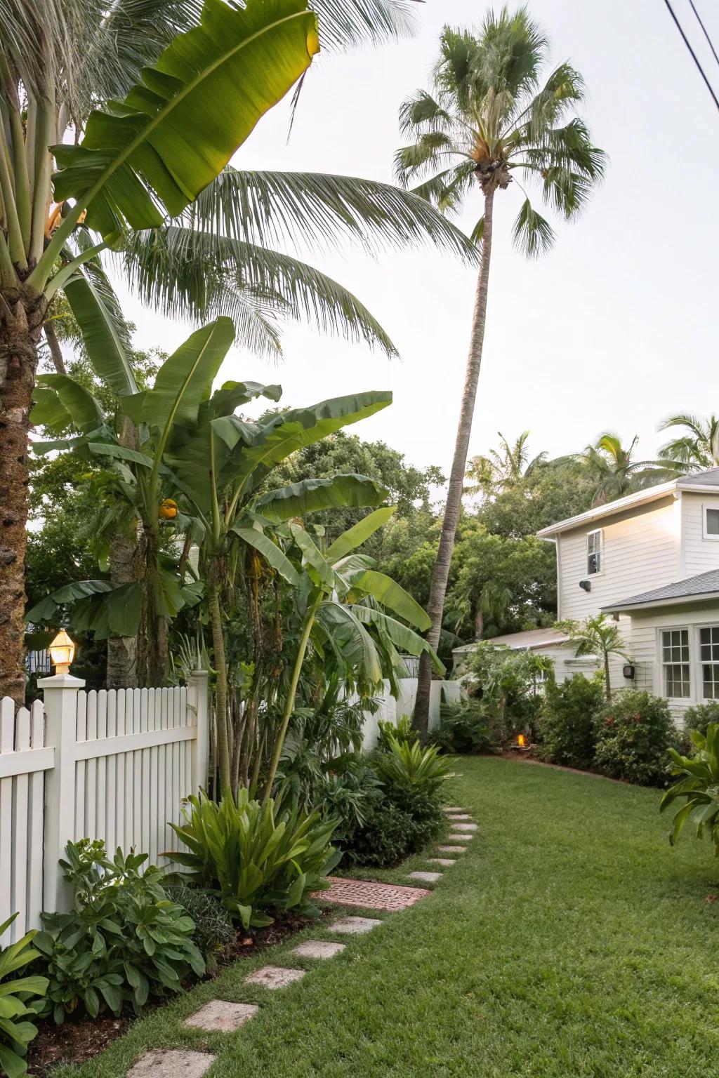 Plentiful greenery from banana and palm trees forms a lively backdrop.