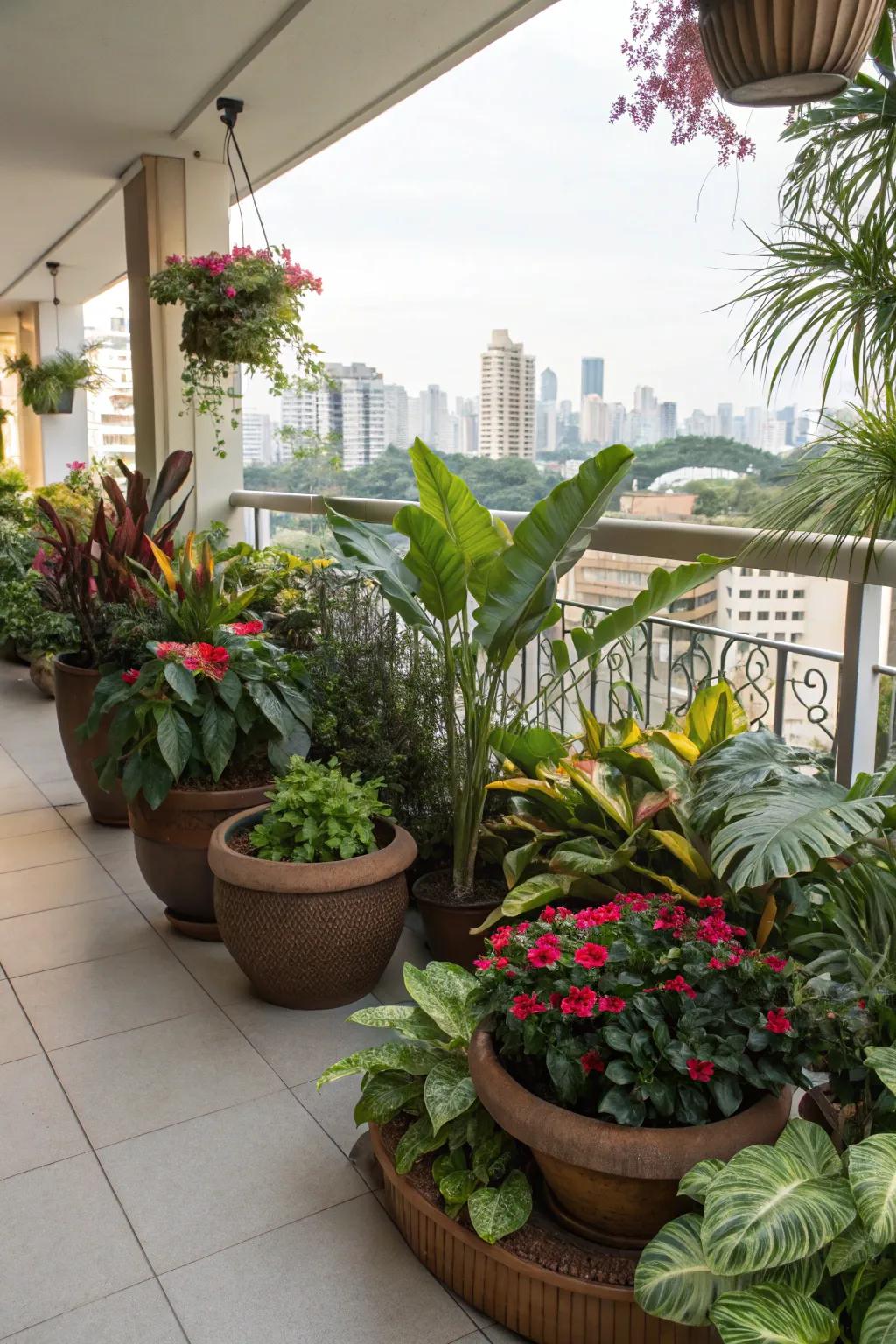 Evoke a jungle-like atmosphere with a diverse mix of tropical plants, large and small.