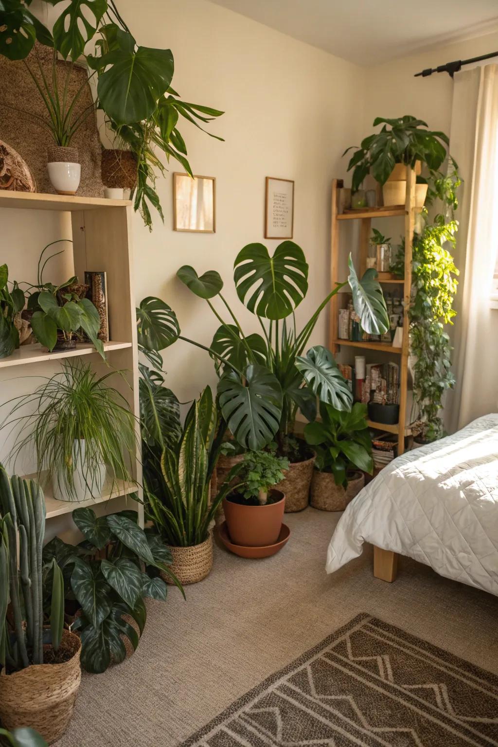 Lush tropical plants infuse vitality into your bedroom, fostering a vibrant and invigorating ambiance.