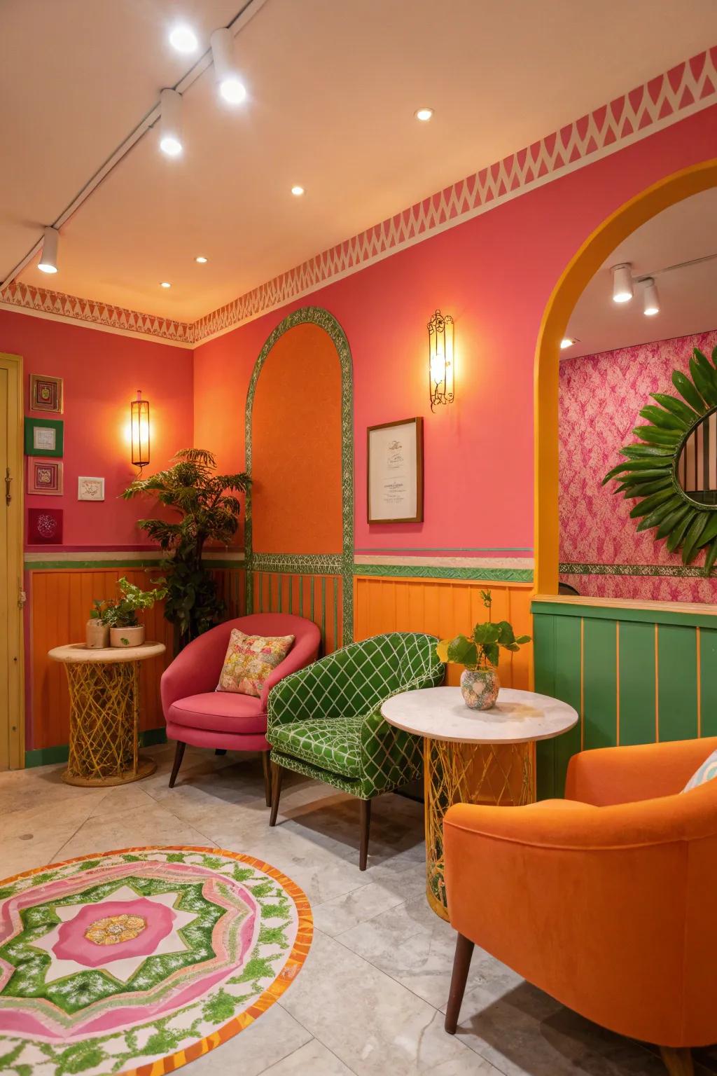 Vibrant colors add a lively tropical touch to this space.