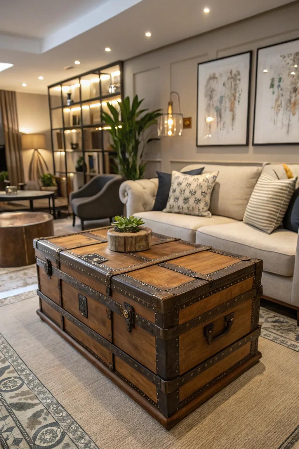An antique trunk elegantly reimagined as a coffee table, infusing character into the living area.