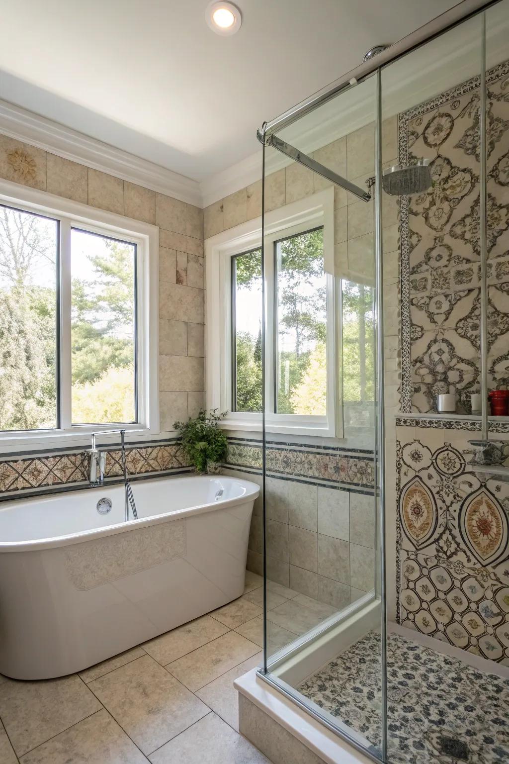 A stylish see-through enclosure wonderfully surrounds the bathtub and shower, brightening the area with sunlight.