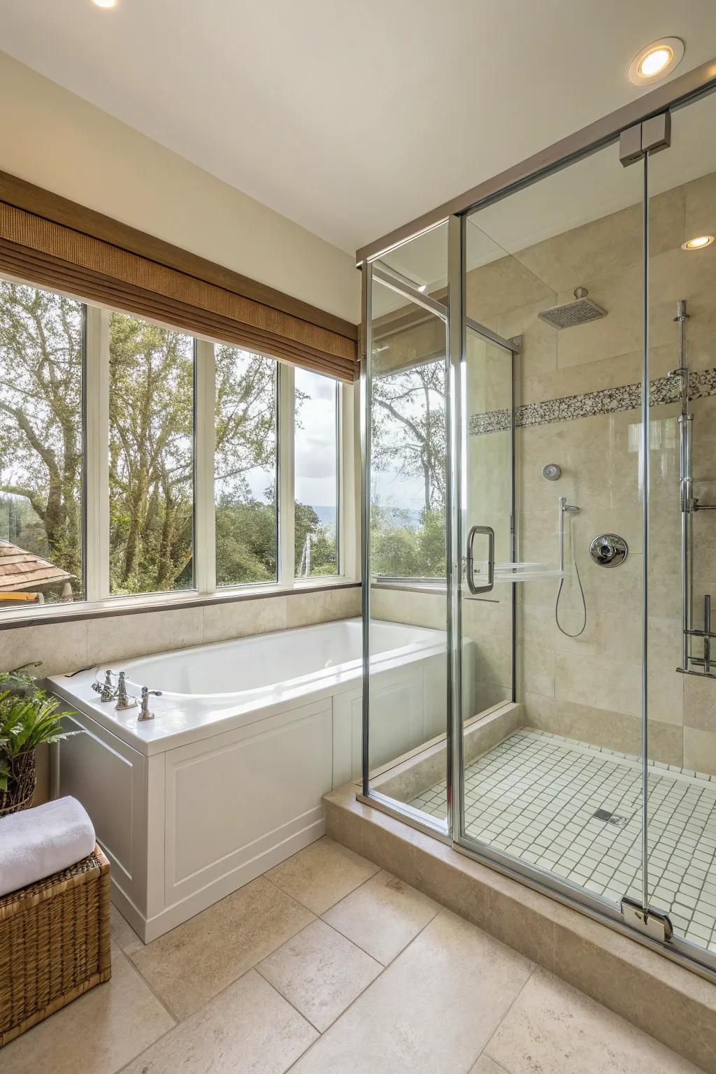 Clear glass enclosures enhance the sense of space in this combined tub shower.