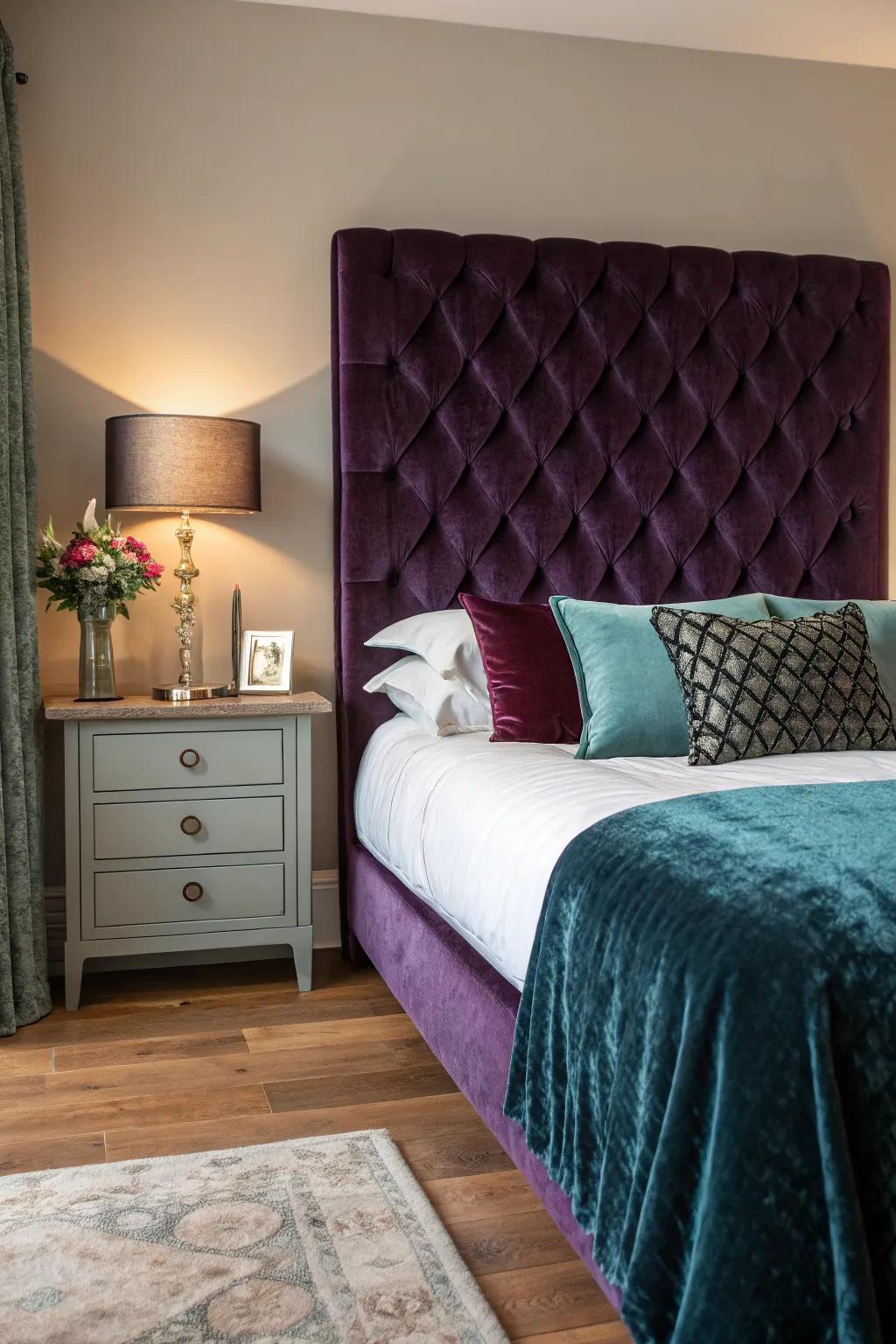 An opulent velvet tufted headboard within a contemporary bedroom arrangement.