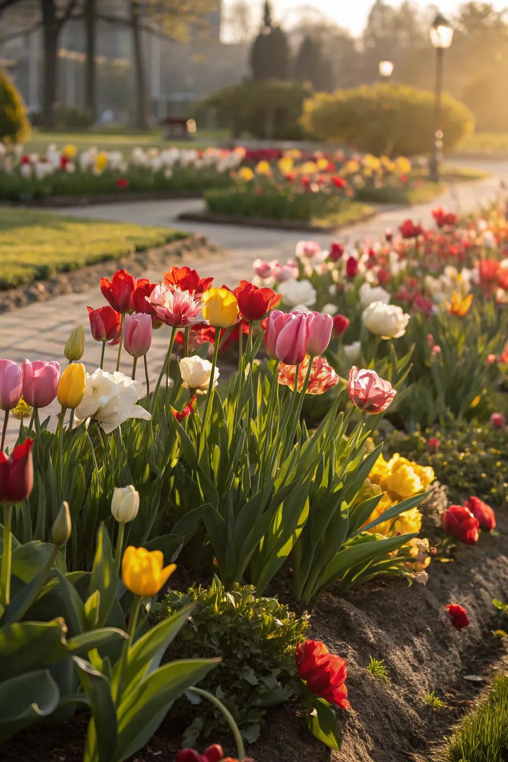 A vibrant tulip patch showing a range of colors, bringing charm and life to the garden.