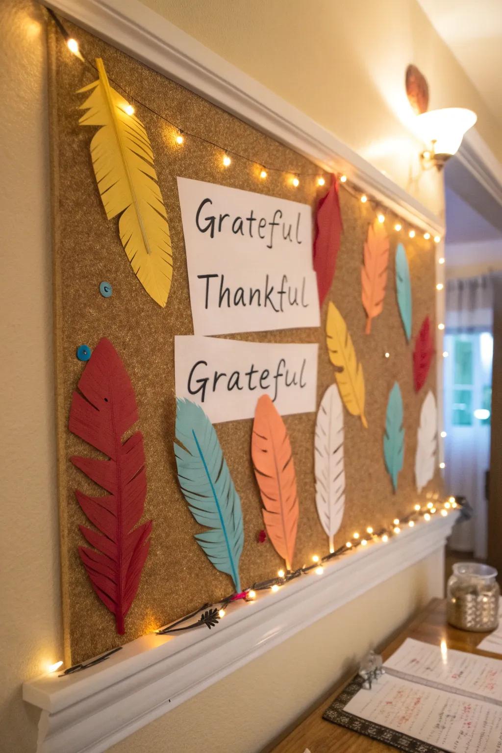 A thanksgiving-inspired turkey bulletin board showing sincere expressions of gratitude.