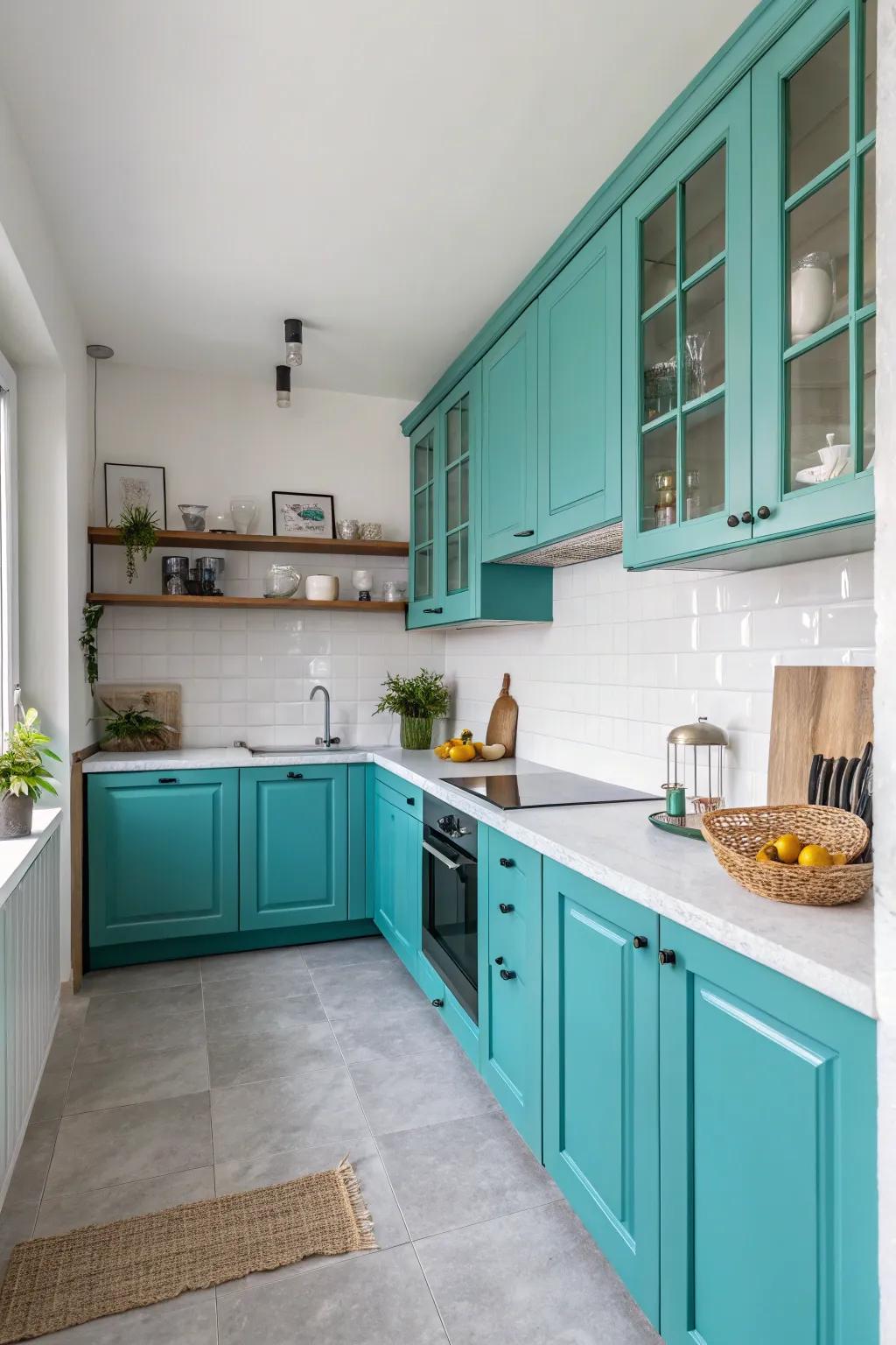 Robin's egg blue cabinetry prominently featured against a backdrop of a neutral kitchen.