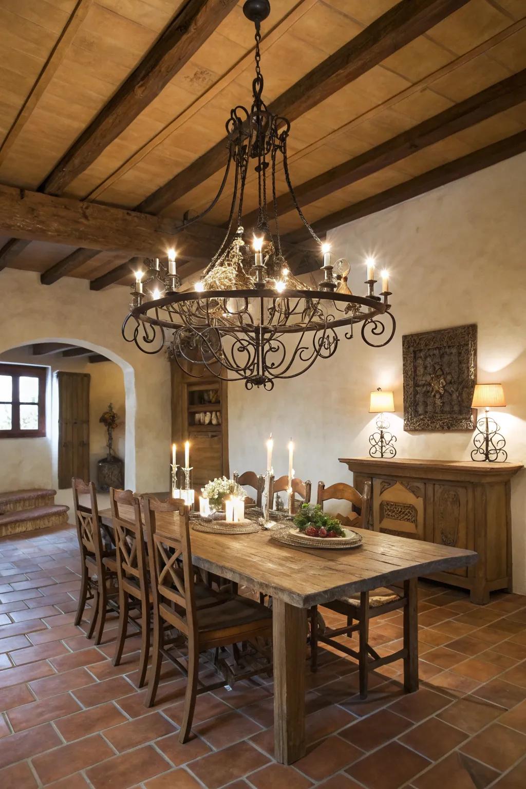 Ornate metal chandeliers contribute classic Tuscan charm.