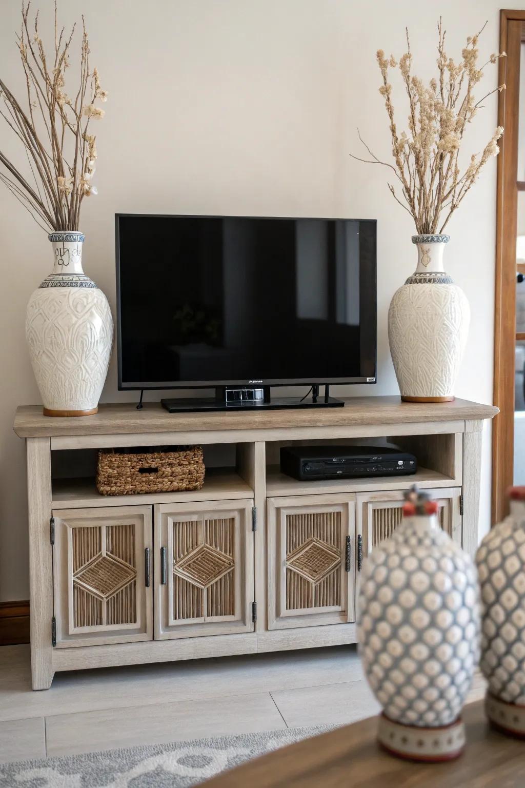 Balanced decor featuring matching vases atop a TV console.