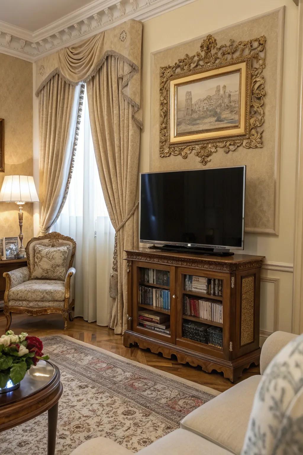Elevate your TV's appearance with a sophisticated ornate decorative frame.