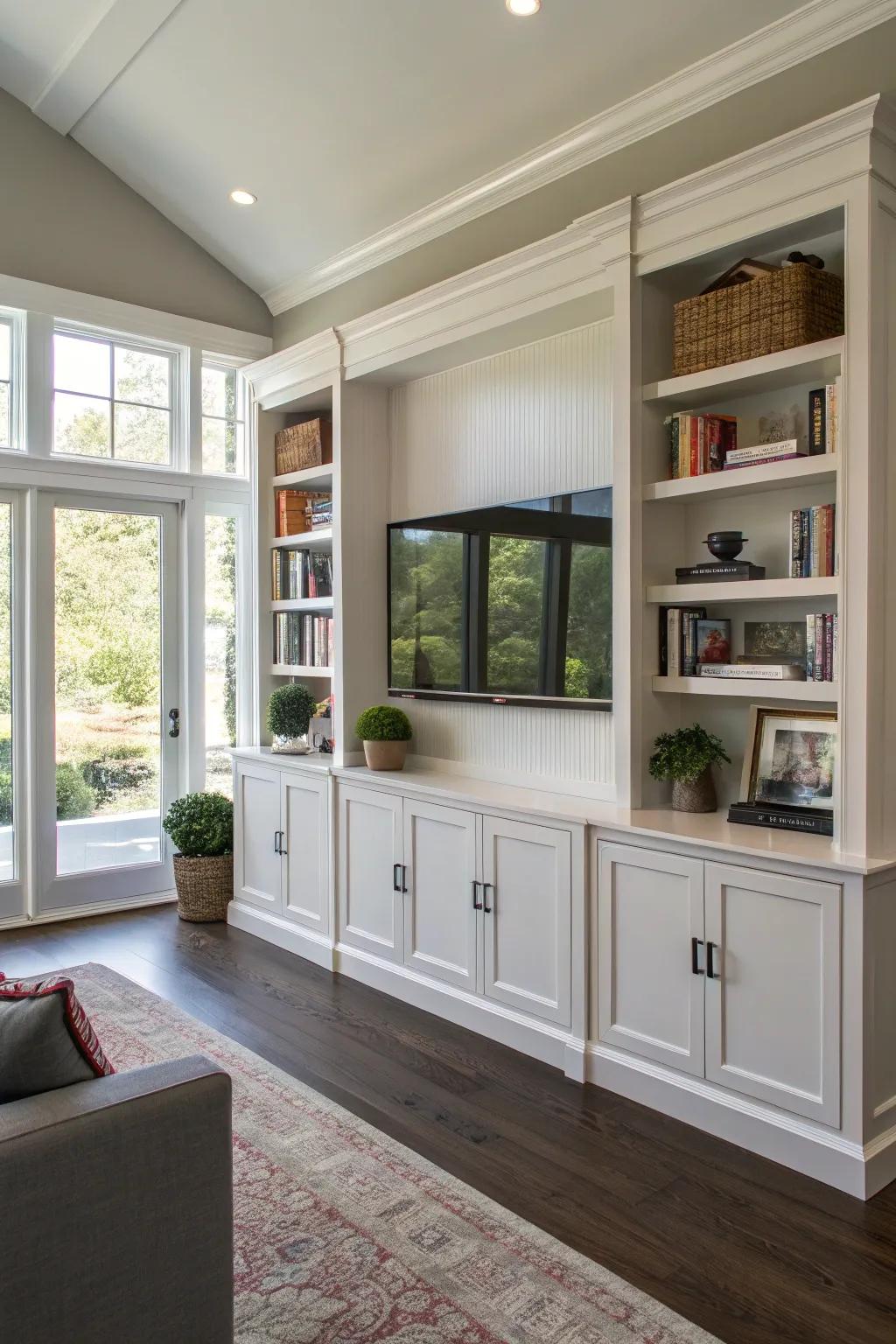 An elegantly designed TV installation as part of built-in cabinet work for a seamless presentation.