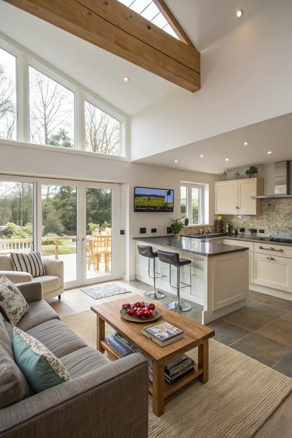 An open-plan kitchen where the TV is easily viewed from both the cooking and living areas.