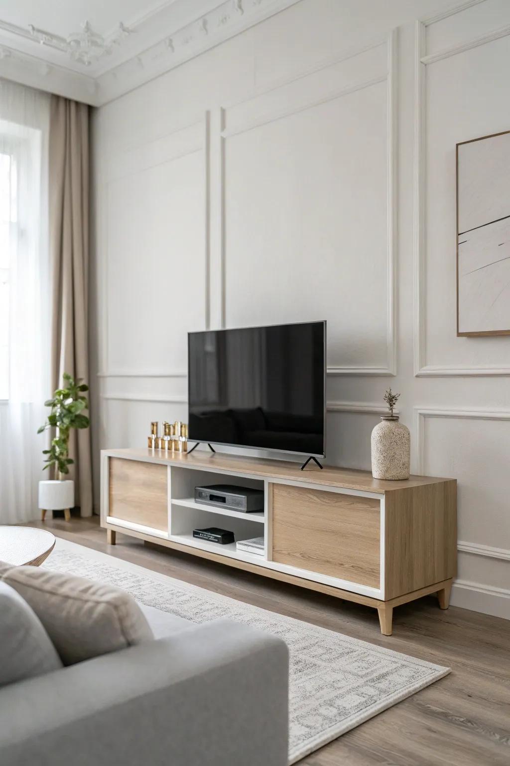 A minimalist TV stand is the perfect addition to any modern living room.