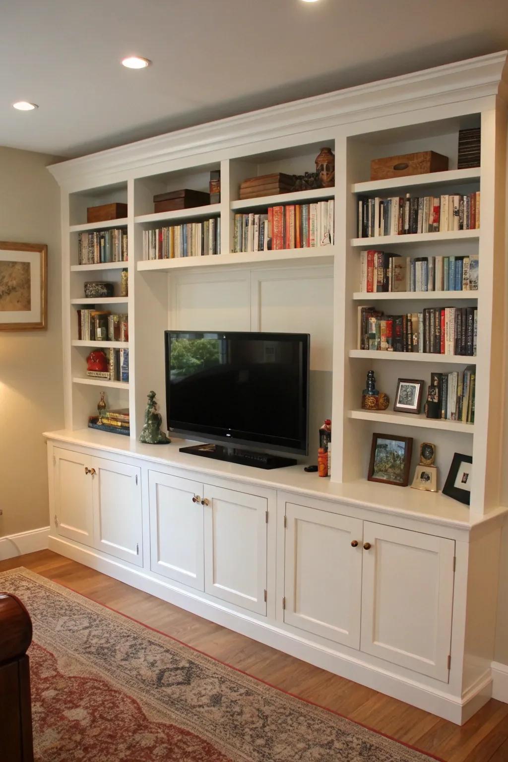 Custom shelving offers a refined, clutter-free appearance.