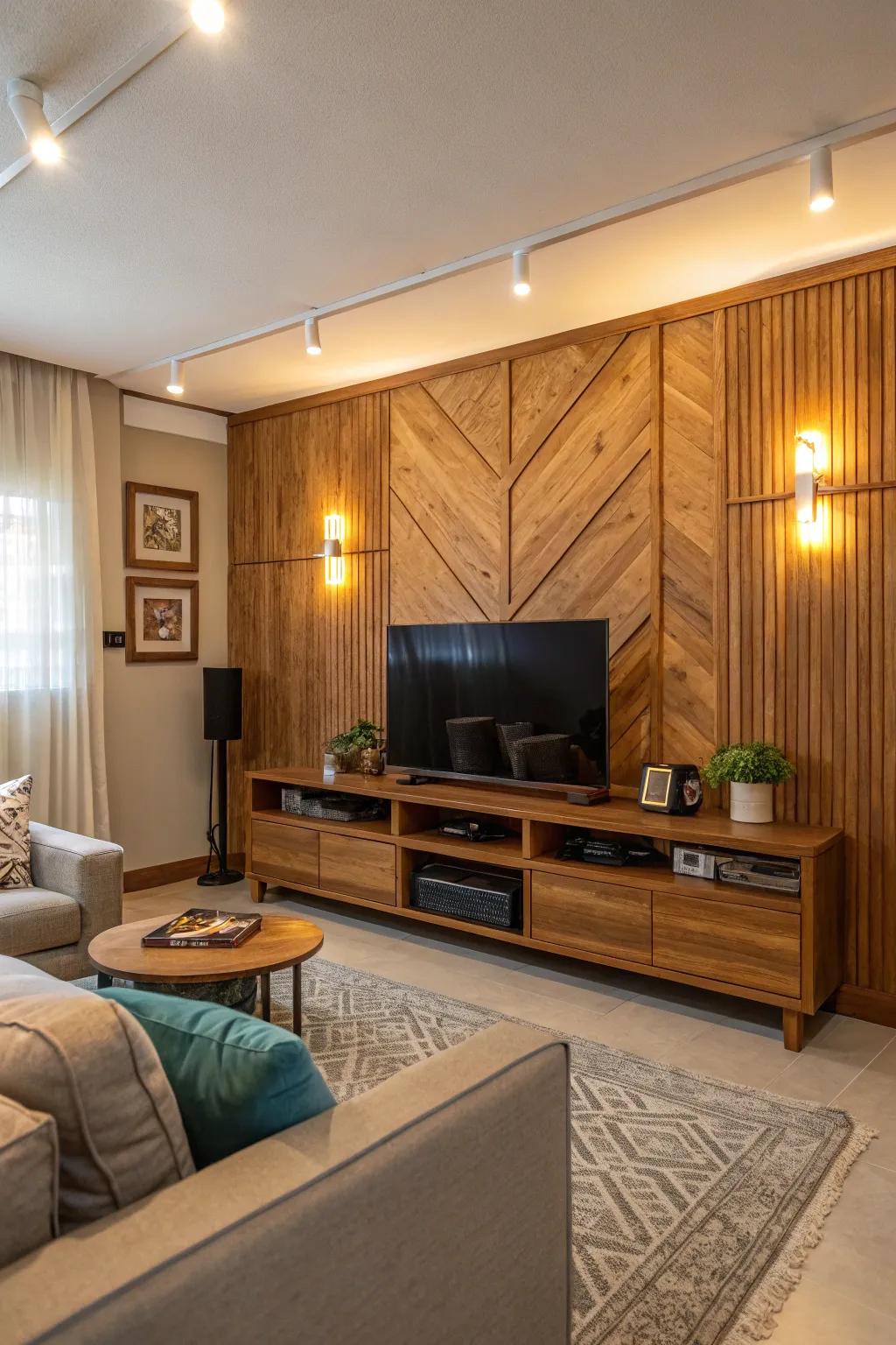 Repurposed wood panels provide an inviting, country feel to this TV wall.