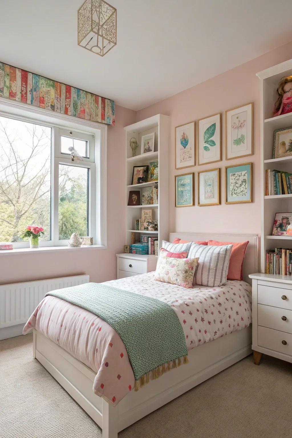 Pastel shades establish a tranquil yet vibrant environment, ideal for a tween's evolving space.